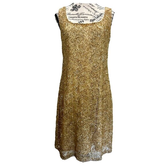 Neiman Marcus Gold Sequin Sheath Cocktail Dress - Size Large (Like New) - Picture 1 of 15